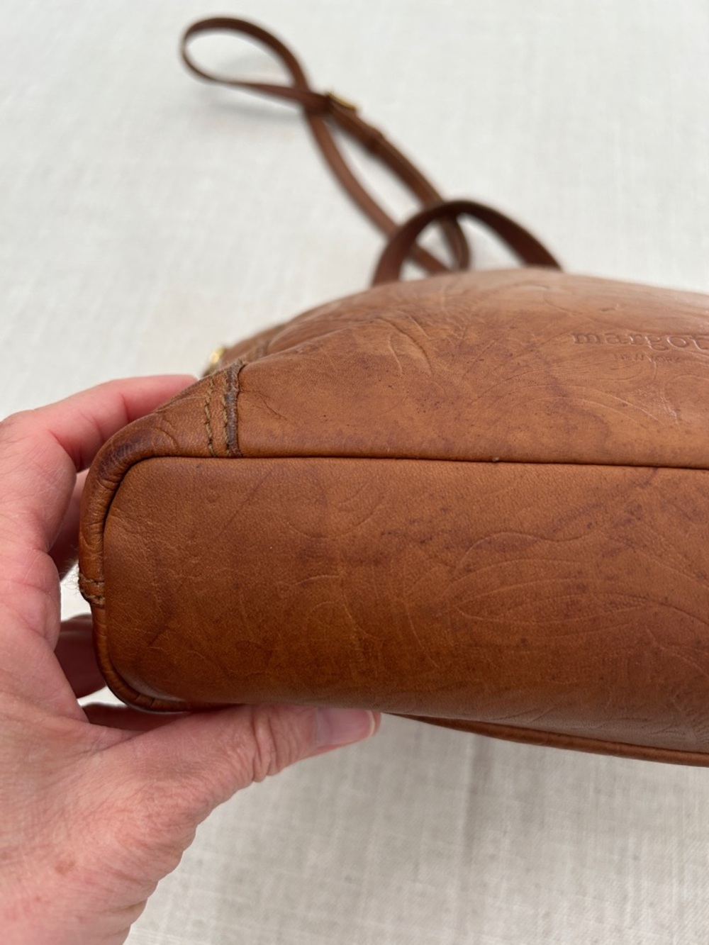 Margot Crossbody Bag Embossed Floral Leather in Cognac Brown - Picture 8 of 16